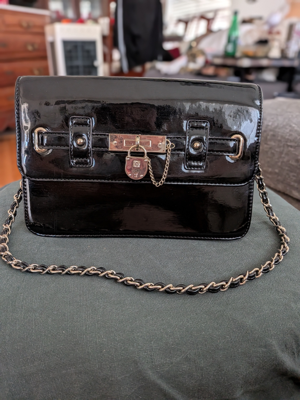 Anne Klein Patent Leather Chain Shoulder Bag - Black